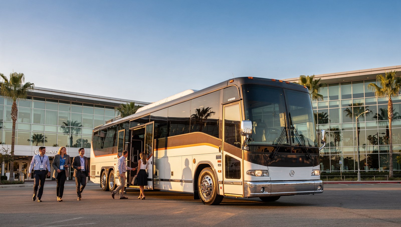 Charter shuttle bus loading conference attendees outside a convention center for event transportation