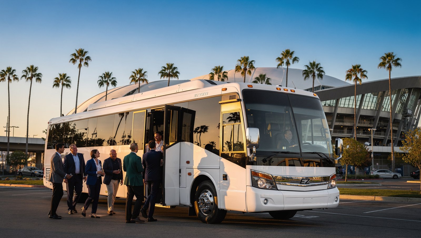 Charter bus arriving for stadium group transportation Los Angeles outside SoFi Stadium in Inglewood