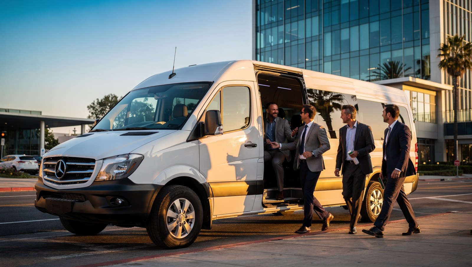 Modern corporate shuttle van parked outside a Los Angeles office for executive transportation