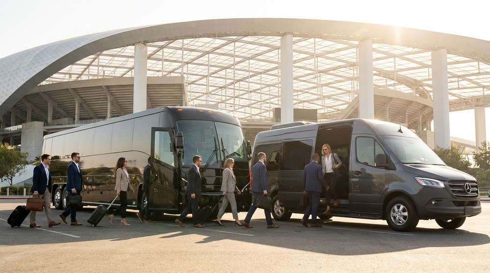 Corporate group boarding charter bus outside SoFi Stadium for World Cup 2026 transportation