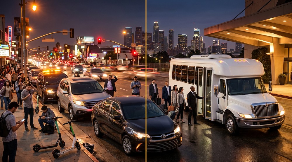 Group boarding a charter bus instead of multiple Ubers for large group transportation in Los Angeles