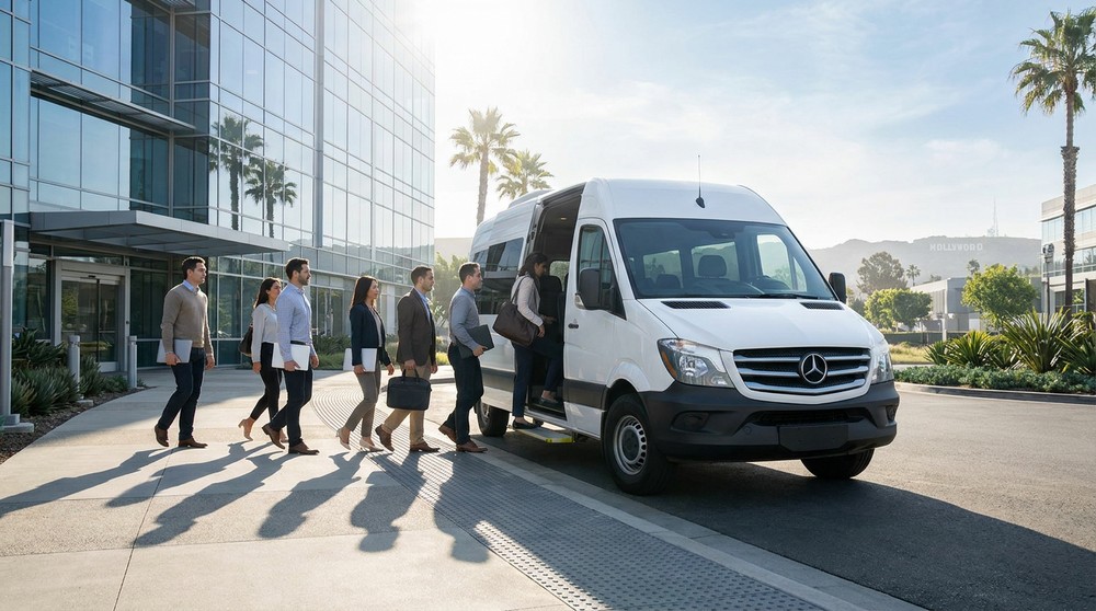 Corporate employees boarding employee shuttle van outside Los Angeles office building