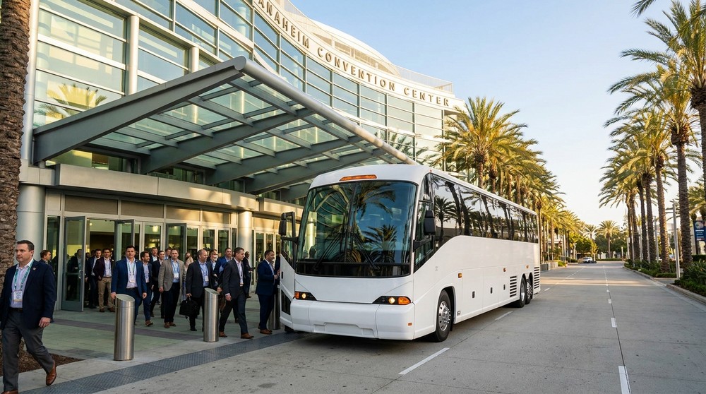 Charter bus parked at Orange County convention center for corporate event transportation