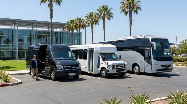 Charter bus, minibus, and sprinter van parked side by side for Southern California group transportation comparison