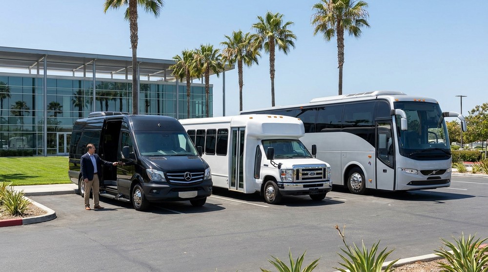 Charter bus, minibus, and sprinter van parked side by side for Southern California group transportation comparison