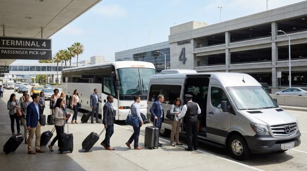Group loading luggage onto charter bus for LAX group transportation pickup at Los Angeles airport