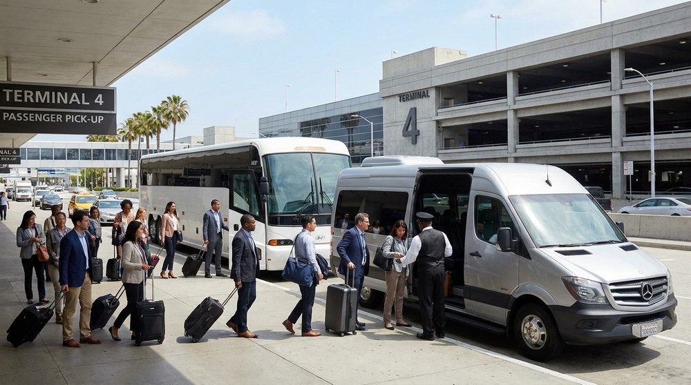 Group loading luggage onto charter bus for LAX group transportation pickup at Los Angeles airport