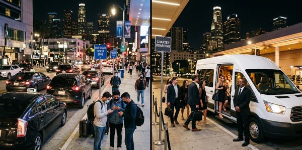 Group boarding a charter bus instead of multiple Ubers for large group transportation in Los Angeles