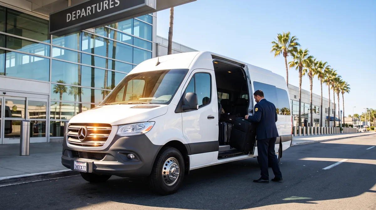 Uniformed driver loading luggage into an EZ Vans shuttle at an airport departures curb