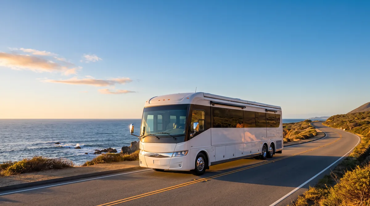 Luxury motor coach travelling the Pacific Coast Highway at golden hour