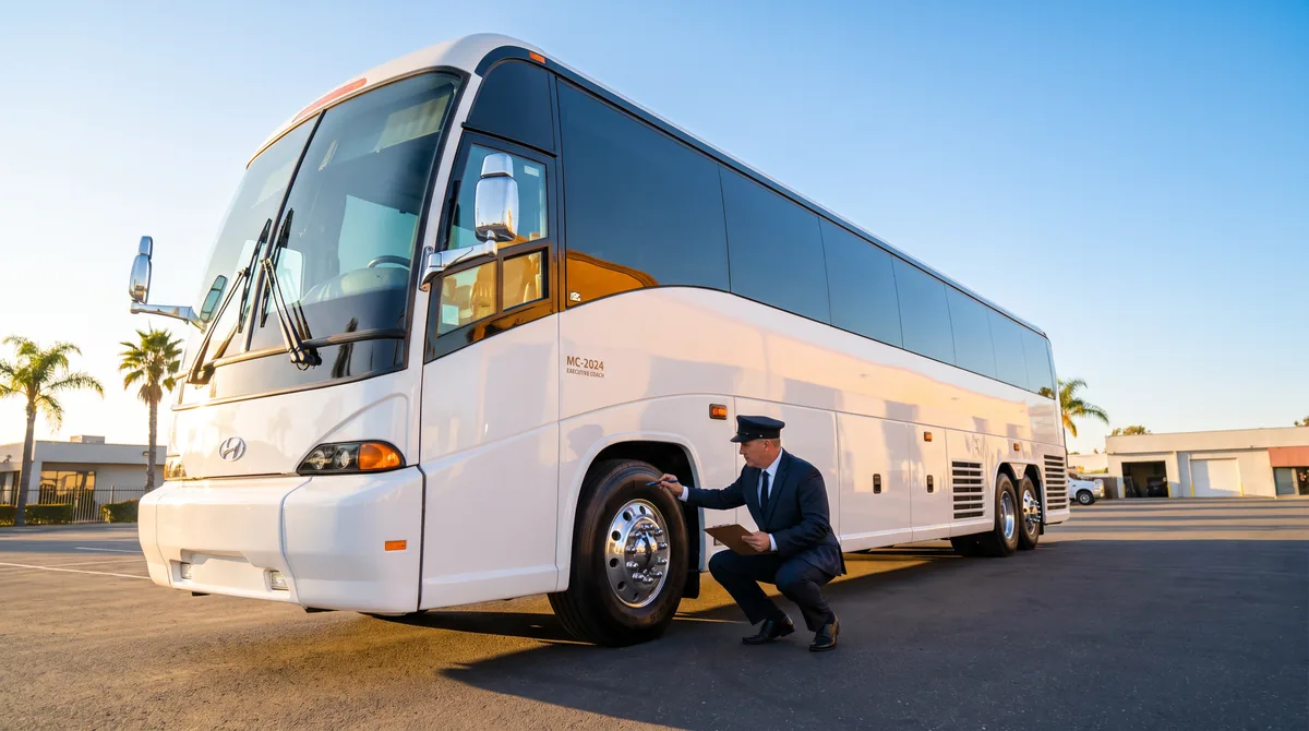 Professional driver performing a pre-trip safety inspection on an EZ Vans motor coach