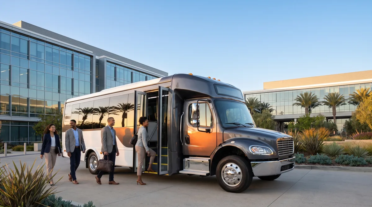Professionals boarding an EZ Vans corporate shuttle outside a modern office campus
