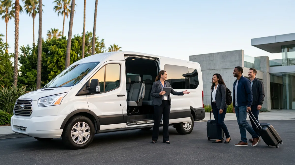 Event planner greeting travelers boarding an EZ Vans shuttle van in Southern California