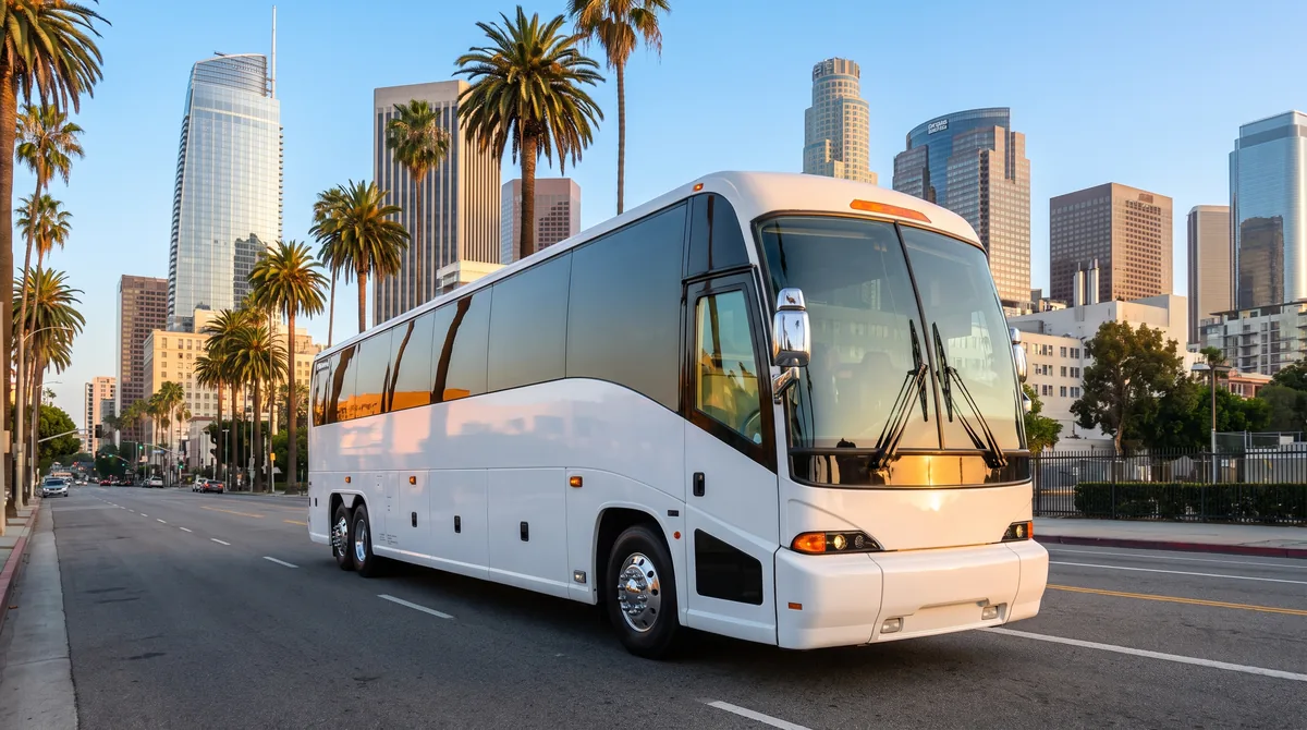 Charter bus on a downtown Los Angeles boulevard with the city skyline behind