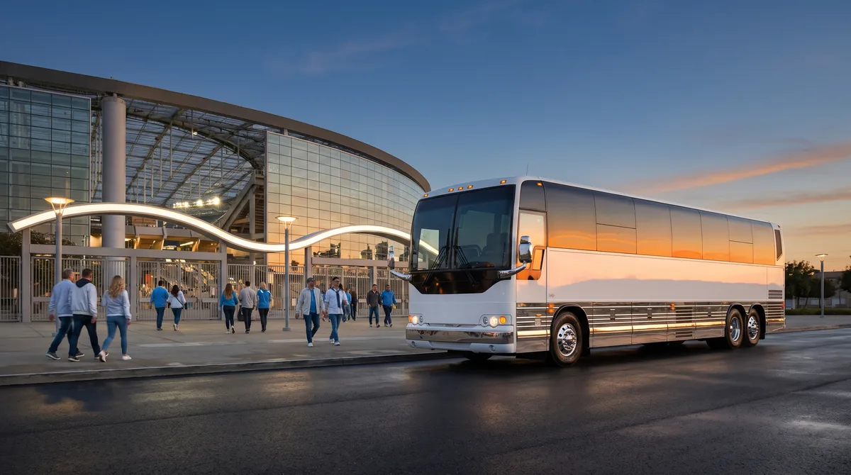 Charter bus dropping fans at a Southern California stadium entrance at dusk