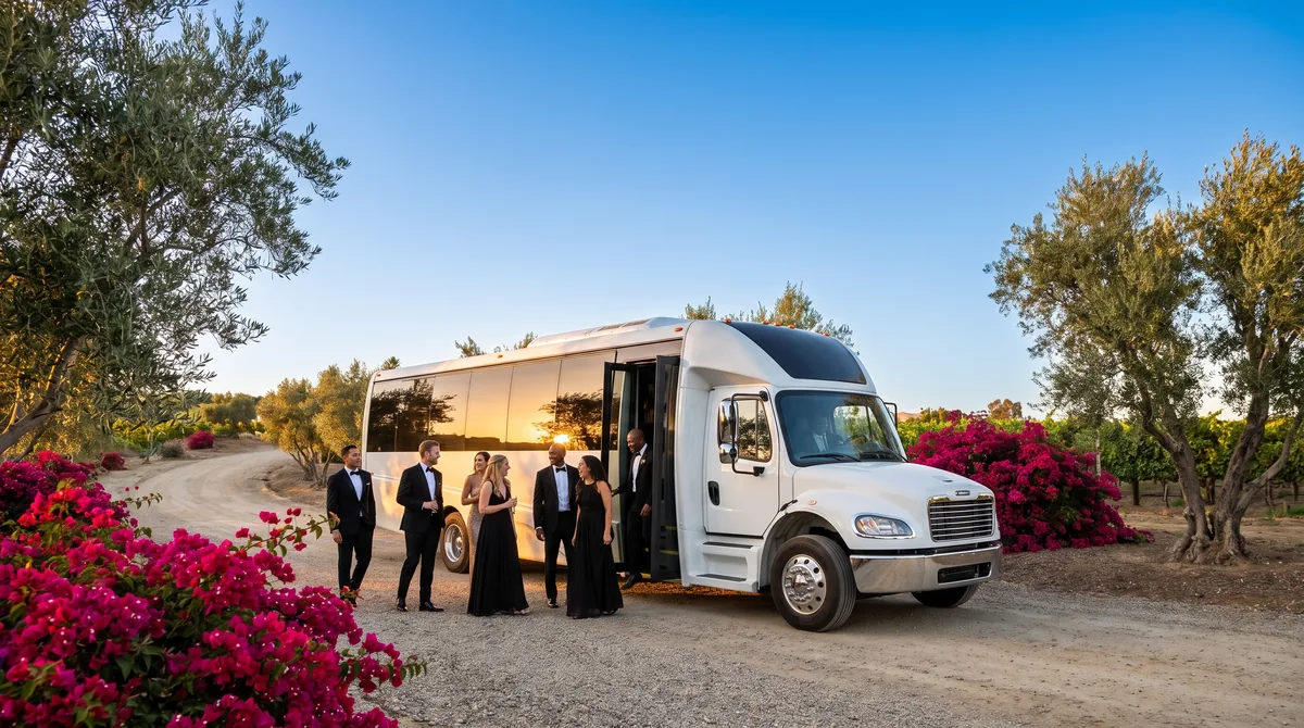 Wedding party boarding a white mini coach outside a Southern California vineyard venue