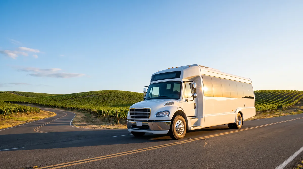 Mini coach on a vineyard road during a Temecula wine country group tour