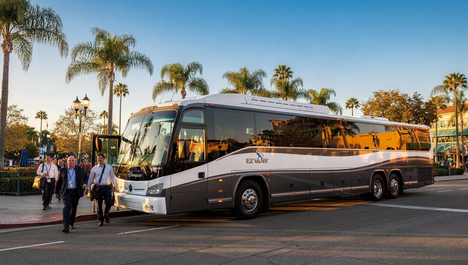 Charter bus for group transportation Disneyland Anaheim at the Harbor Boulevard drop-off