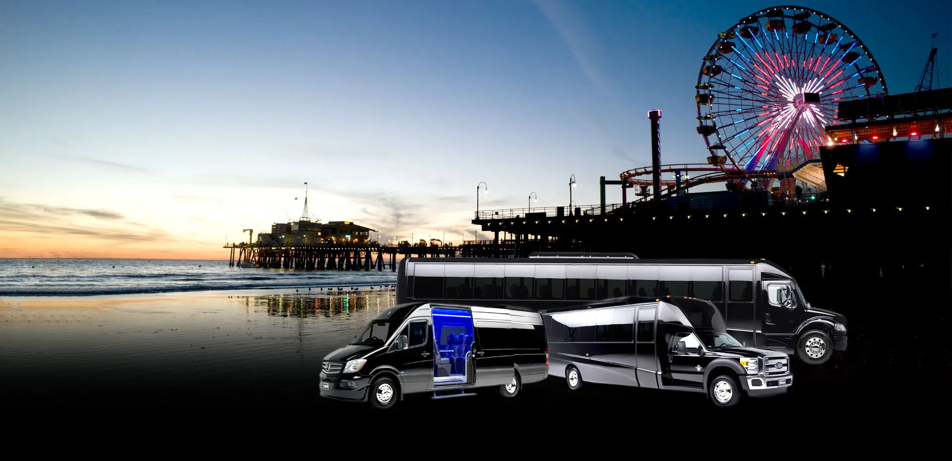 Charter bus, minibus, and sprinter van parked side by side for Southern California group transportation comparison