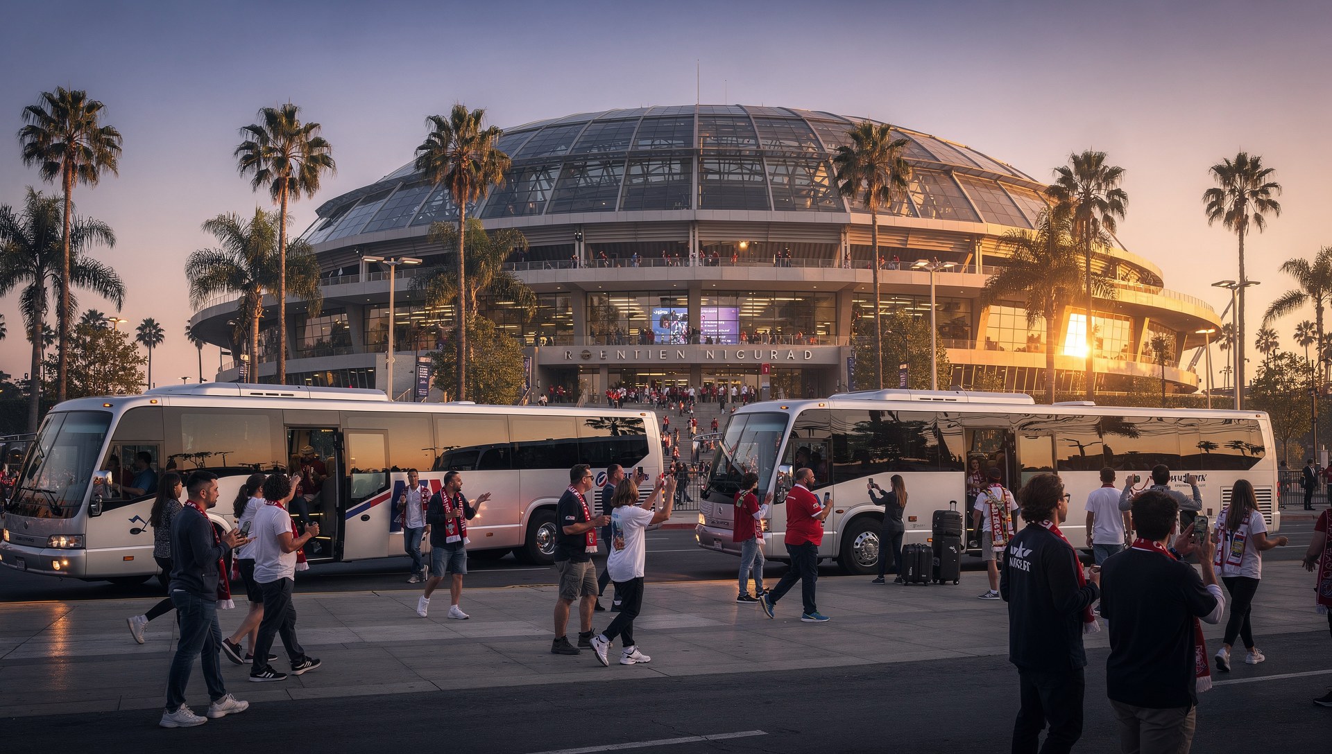 Charter vans dropping soccer fans at SoFi Stadium for Iran vs New Zealand World Cup transportation