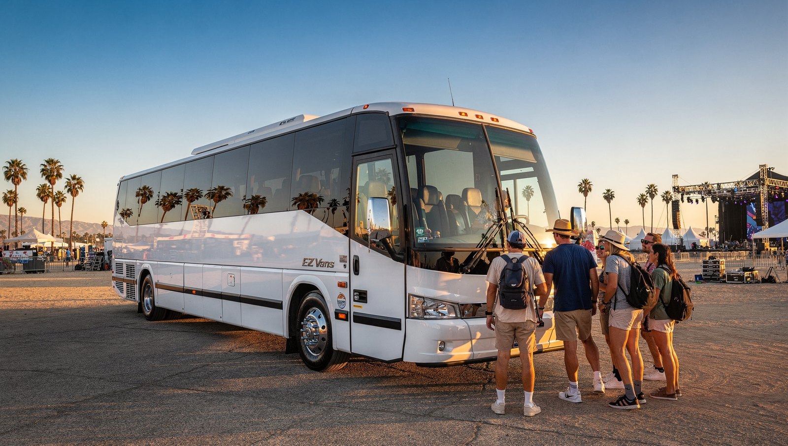 Charter bus for music festival transportation Los Angeles parked near a Southern California festival entrance