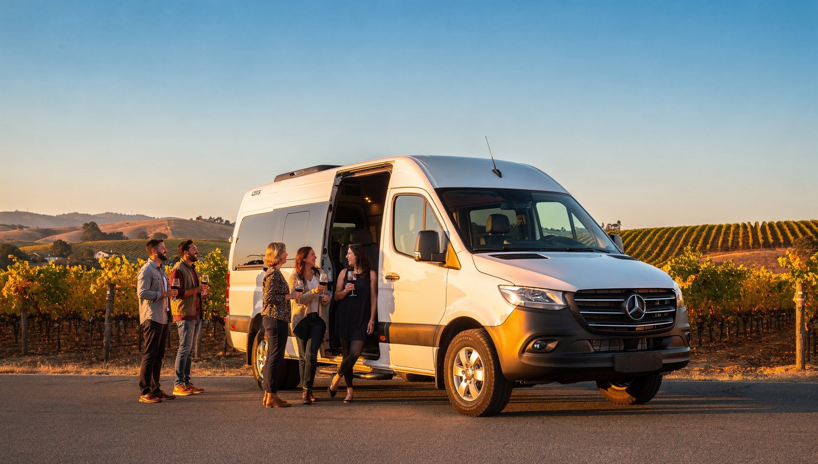 Group sprinter van at a Temecula winery during a fall harvest season winery tour