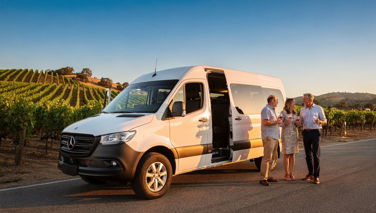 Modern sprinter van on a Temecula wine country road for a Los Angeles group wine tour