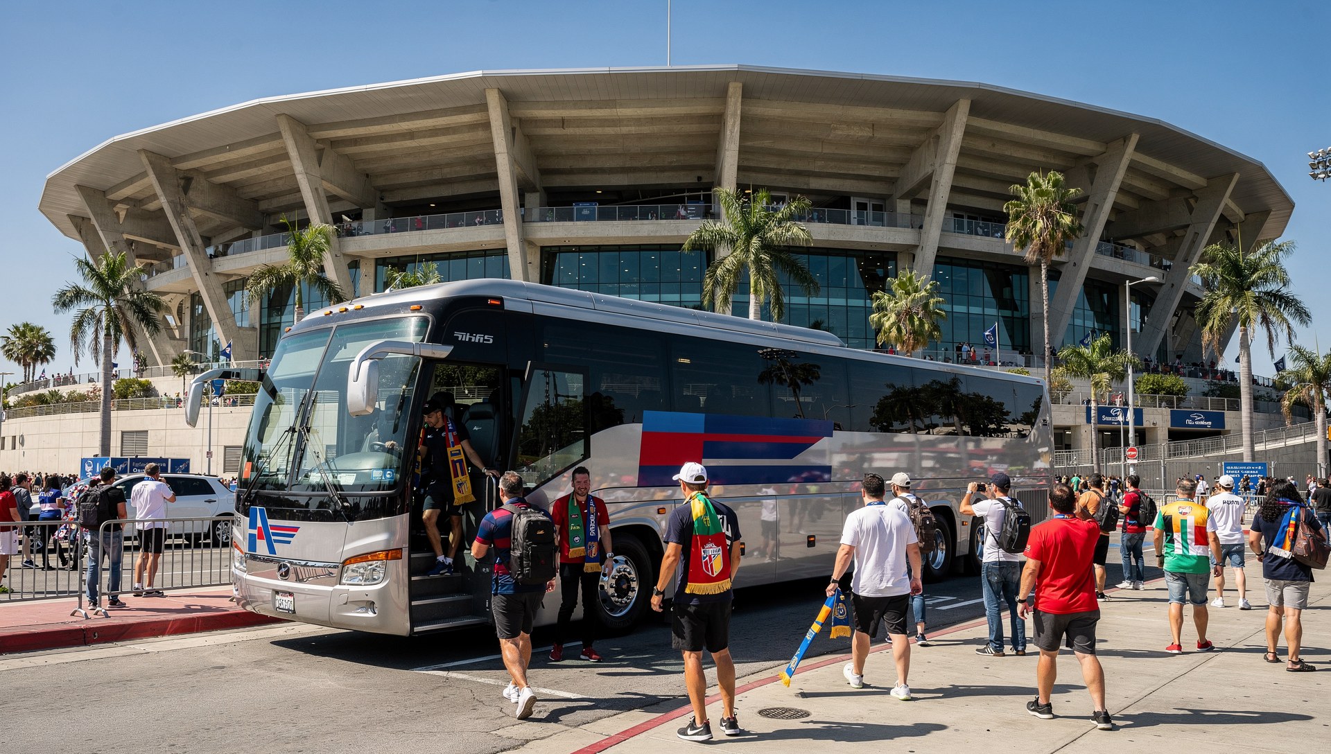 Motorcoach at SoFi Stadium charter drop-off for Belgium vs Iran World Cup transportation