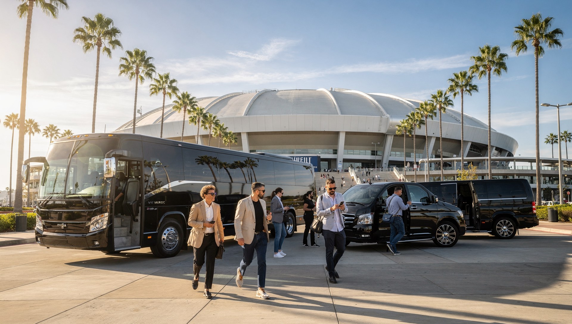 Premium motorcoach and vans at SoFi Stadium for World Cup quarterfinal transportation July 10