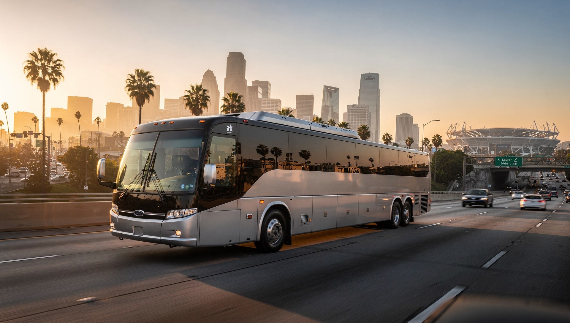 Charter bus on an LA freeway heading to SoFi Stadium for Round of 32 World Cup transportation