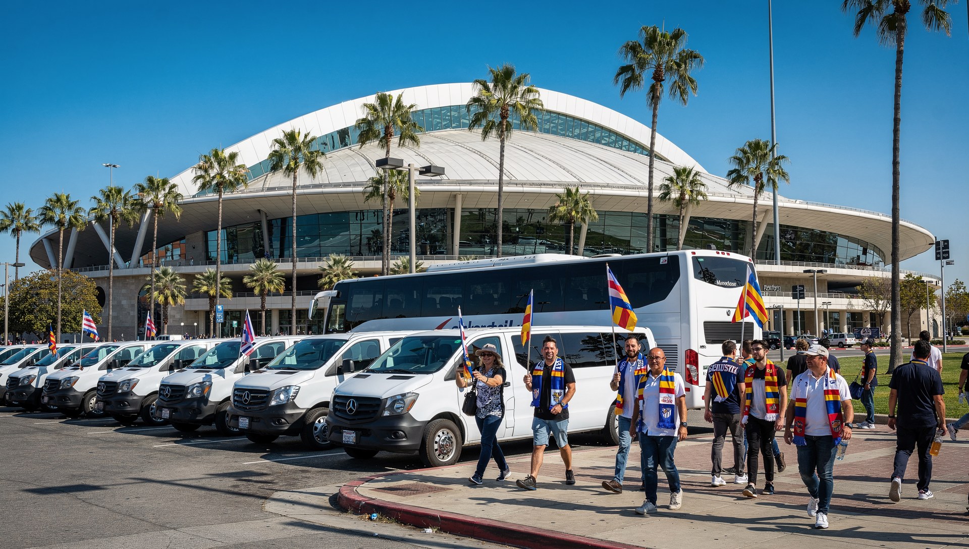 Fleet of vans and a charter coach at SoFi Stadium for Round of 32 World Cup transportation