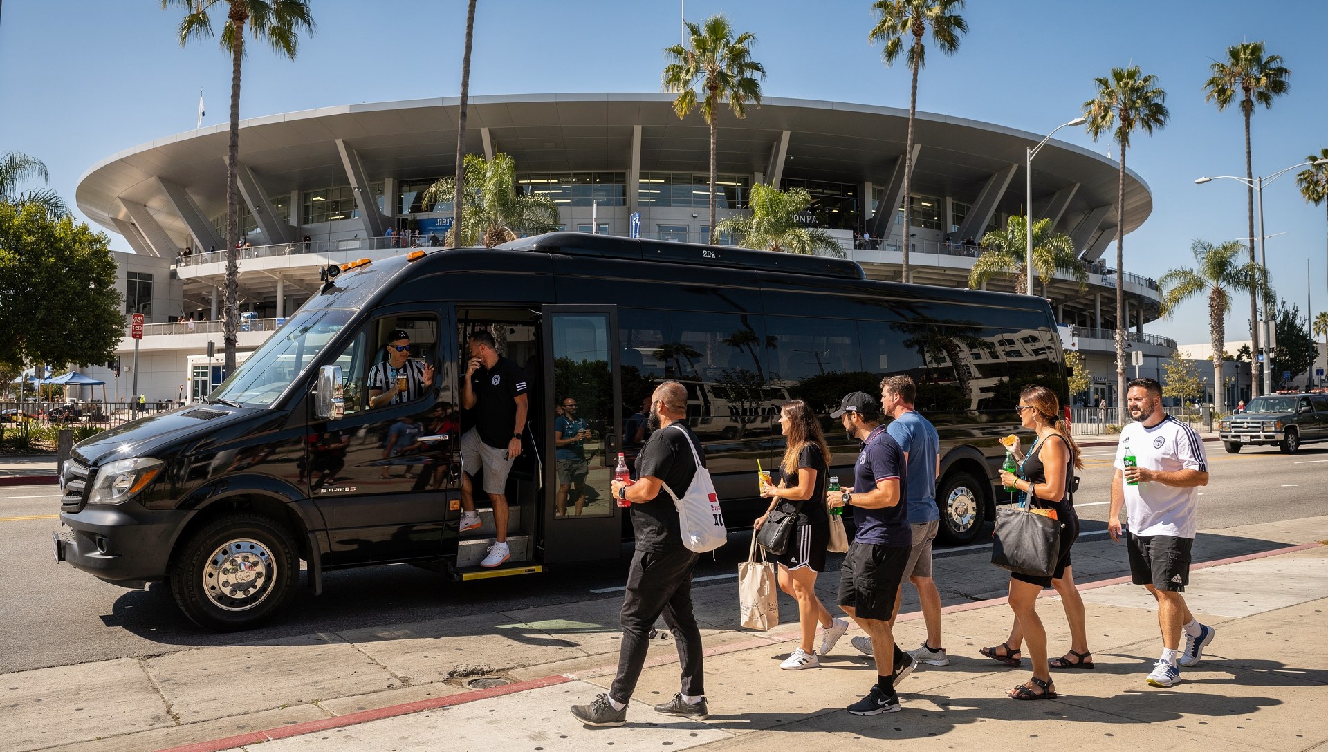 Soccer fans boarding a charter minibus for Switzerland vs Bosnia SoFi Stadium transportation