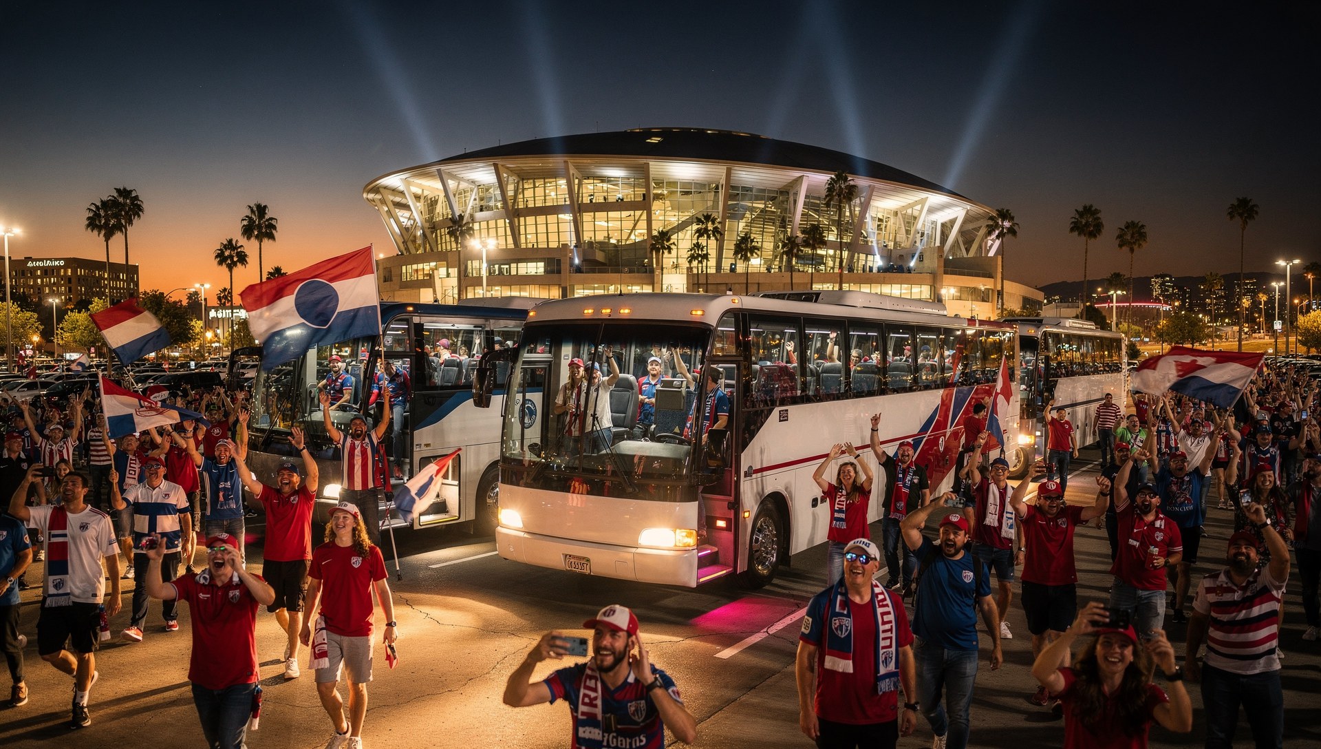 Fans arriving by charter bus at SoFi Stadium for USA vs Turkiye World Cup transportation