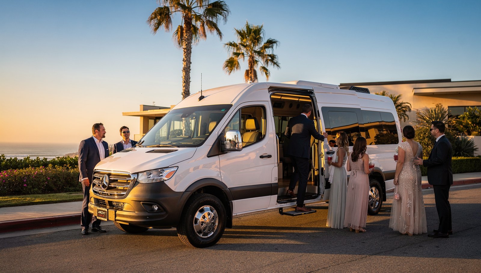 Wedding shuttle van for wedding transportation Orange County parked at a Newport Beach venue